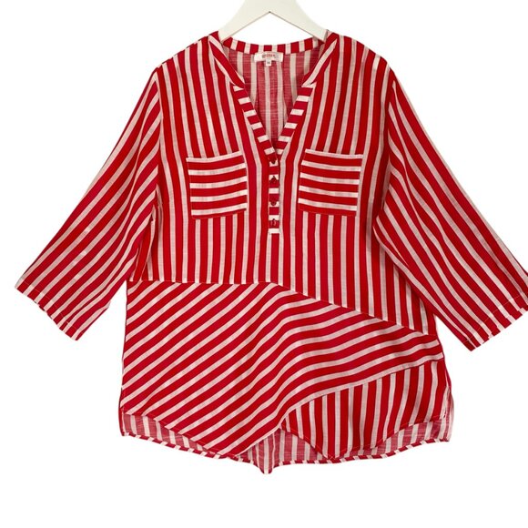 stripped red& white  blouse top V-neck chest pockets  3/4 sleeve size large - Picture 3 of 12